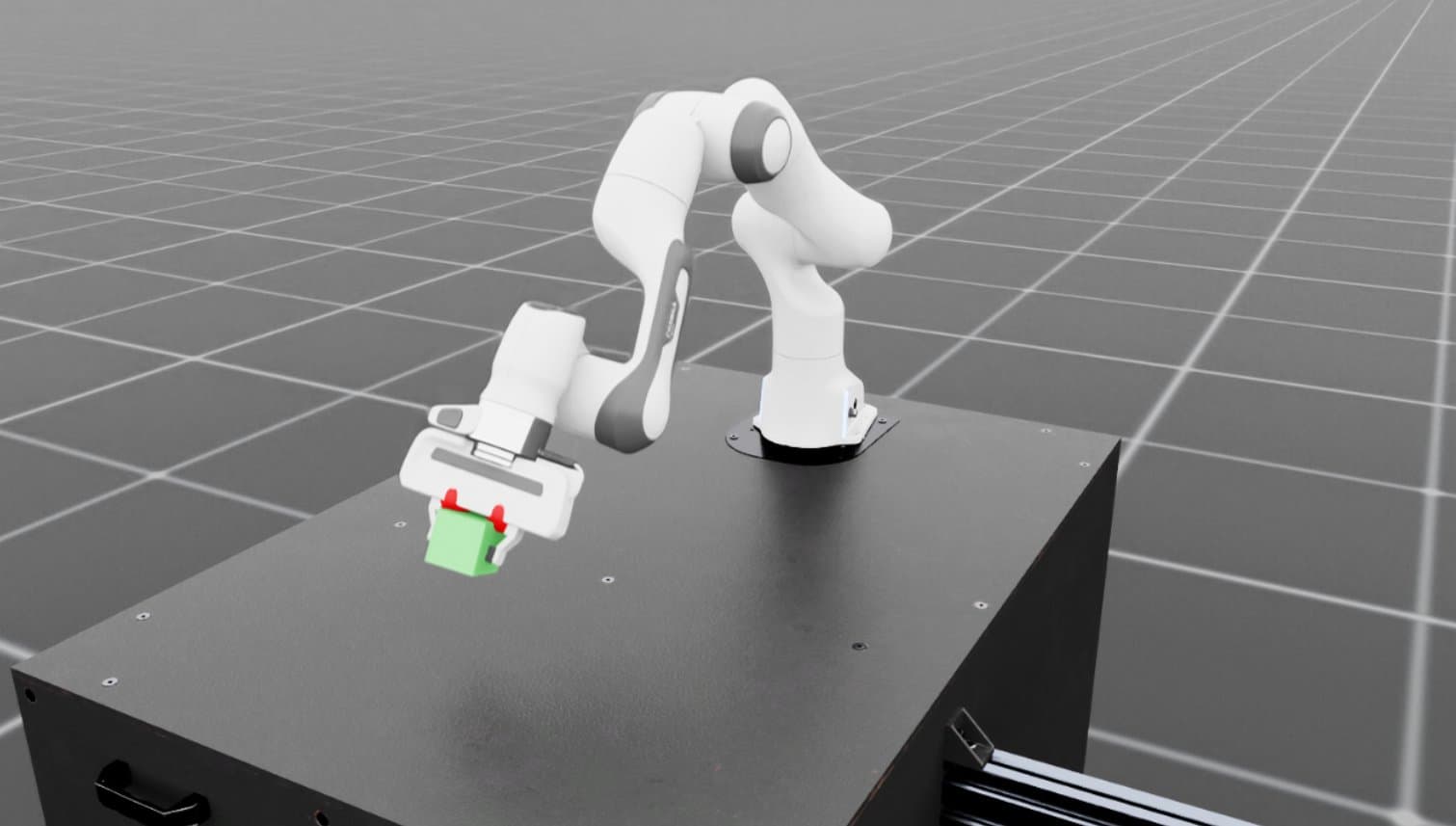 A robot arm working inside a simulation scene — Gazebo or Isaac Sim world built for the robot, before any hardware moves